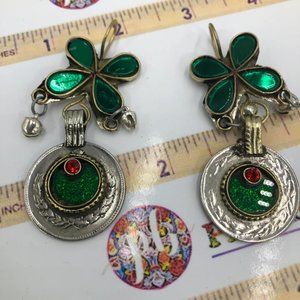 Green Afghan Glass Stone Earrings, Afghani Flower Earrings, Dangling Earrings